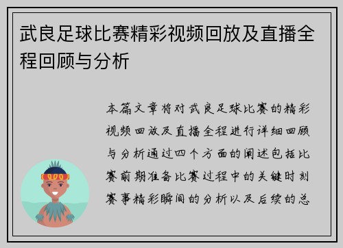 武良足球比赛精彩视频回放及直播全程回顾与分析