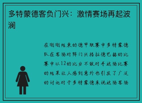 多特蒙德客负门兴：激情赛场再起波澜